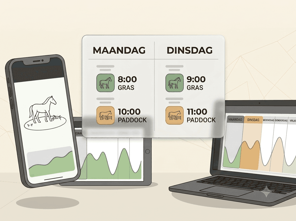 Illustration: A horse is led out of the pasture while the other horses keep grazing; the woman looks at her phone